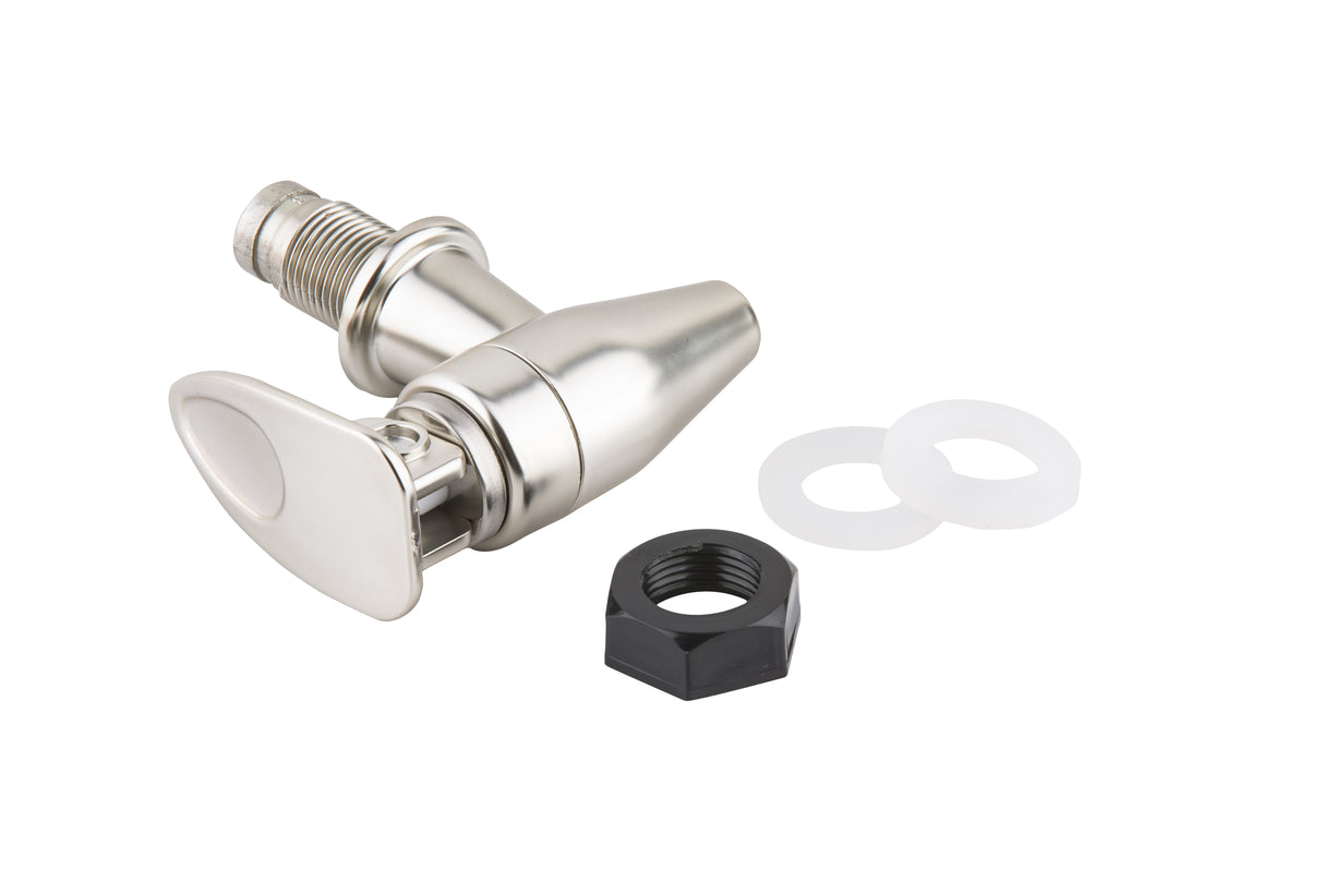A nickel plated beverage dispenser faucet with a smooth, rounded handle is shown alongside a black hex nut and two white plastic washers, all neatly arranged on a white background. The heavy duty hardware parts appear unused.