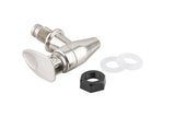 A nickel plated beverage dispenser faucet with a smooth, rounded handle is shown alongside a black hex nut and two white plastic washers, all neatly arranged on a white background. The heavy duty hardware parts appear unused.
