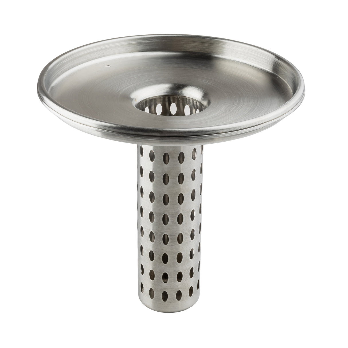 A stainless steel sink strainer with a wide, flat rim and a cylindrical perforated basket underneath. The dishwasher safe basket features evenly spaced circular holes for water drainage and debris collection, shown against a white background.