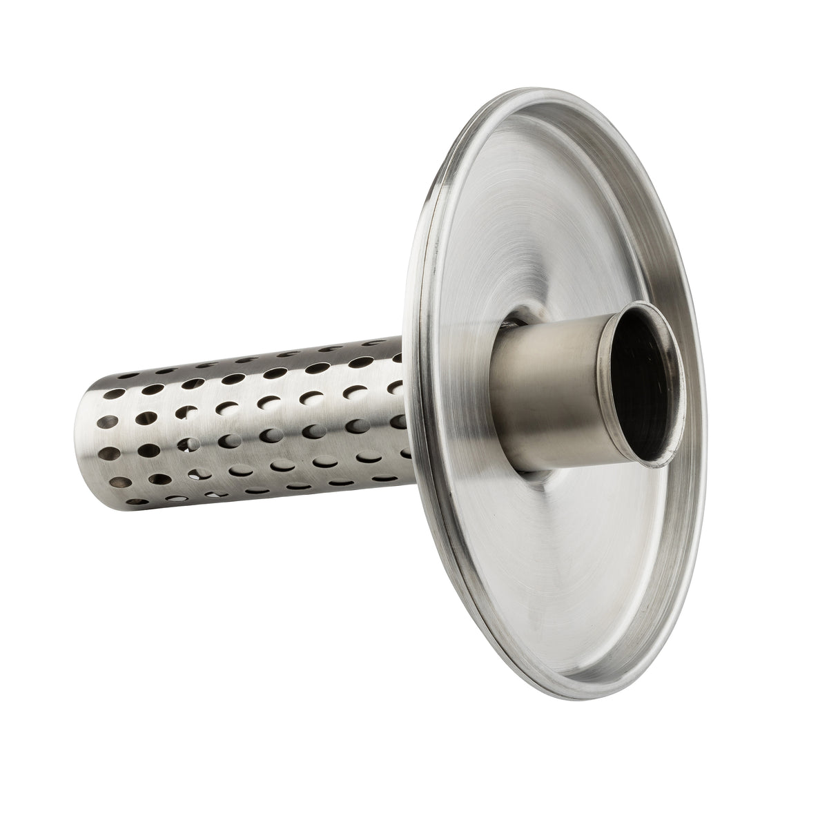 A cylindrical metal infuser with a wide, flat circular flange at one end and a long, perforated tube extending outward. The silver metallic item features evenly spaced round holes and is isolated on a white background.