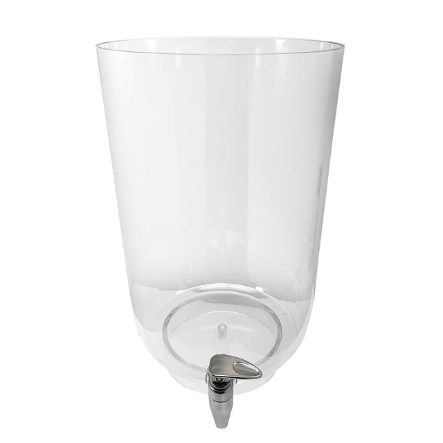 A clear, cylindrical beverage dispenser with a spigot at the bottom front. The container is empty, made of transparent, dishwasher safe plastic that shows reflections on its smooth surface. The silver spigot features a lever for dispensing drinks.