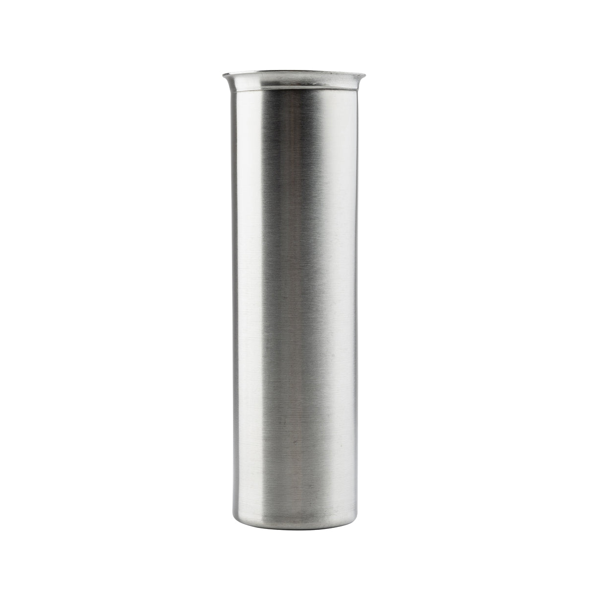 A tall, cylindrical stainless steel container with a slightly flared rim stands upright on a white background. Its smooth, reflective surface gives it a sleek look, making it ideal for use in beverage dispensers.