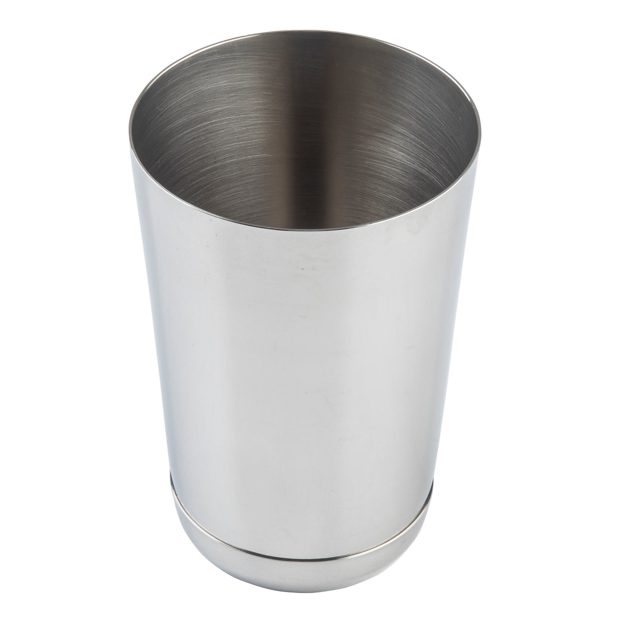 A silver-colored, cylindrical stainless steel Bar Shaker cup with a smooth, brushed finish is shown against a white background. The 16 oz cup has slightly tapered sides, a rounded bottom edge, and a plain, minimalist design.
