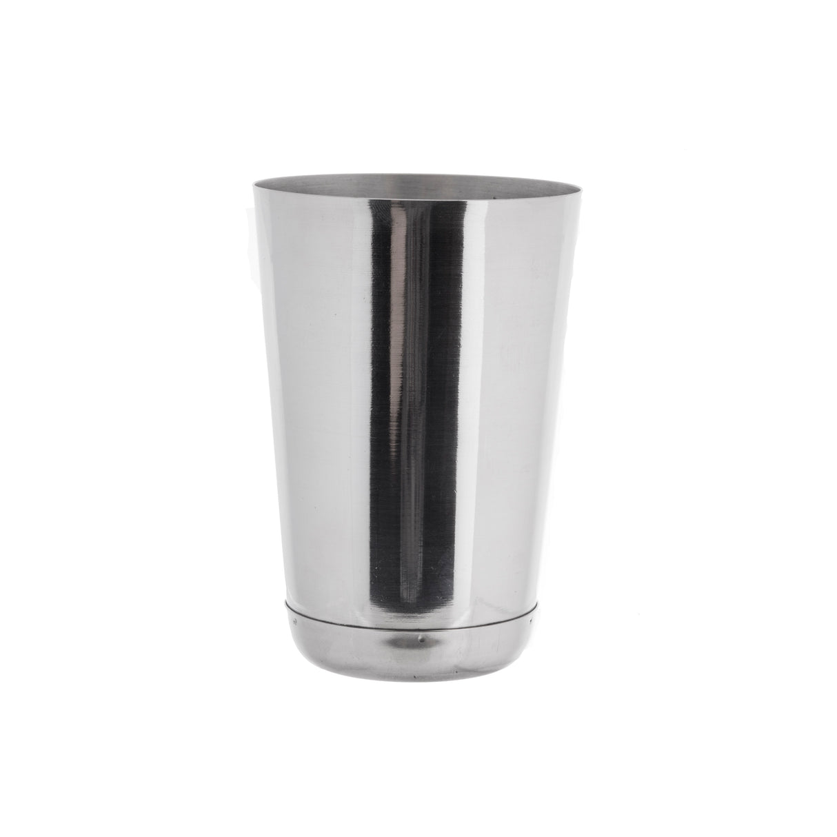 A shiny, 16 oz stainless steel tumbler with a smooth, reflective surface stands upright against a plain white background. Resembling a bar shaker, the cup has a slightly flared rim and rounded bottom edge for a simple, modern look.