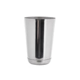 A shiny, 16 oz stainless steel tumbler with a smooth, reflective surface stands upright against a plain white background. Resembling a bar shaker, the cup has a slightly flared rim and rounded bottom edge for a simple, modern look.
