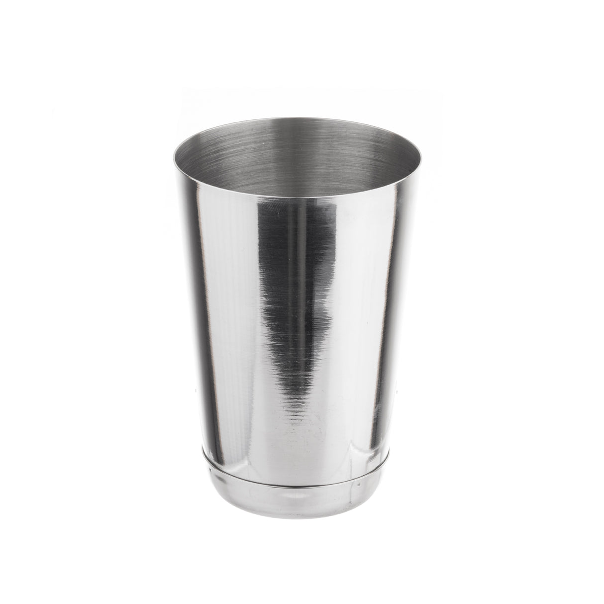 A shiny, 16 oz stainless steel tumbler with a smooth, reflective surface. The cylindrical cup tapers slightly toward the base and resembles a classic bar shaker. It stands upright on a white background, with faint horizontal lines on the wide-rimmed surface.