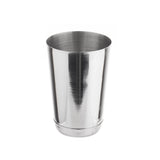 A shiny, 16 oz stainless steel tumbler with a smooth, reflective surface. The cylindrical cup tapers slightly toward the base and resembles a classic bar shaker. It stands upright on a white background, with faint horizontal lines on the wide-rimmed surface.