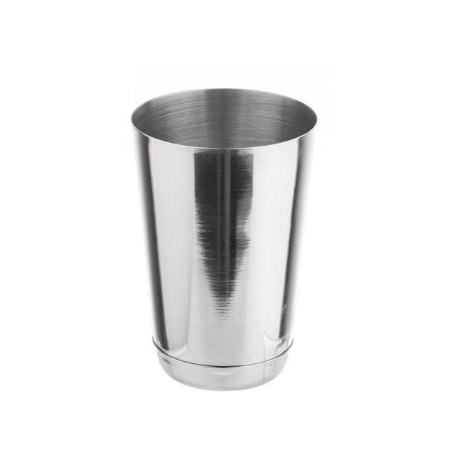 A shiny, 16 oz stainless steel tumbler with a smooth, reflective surface. The cylindrical cup tapers slightly toward the base and resembles a classic bar shaker. It stands upright on a white background, with faint horizontal lines on the wide-rimmed surface.