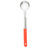 A stainless steel Spoonout skimmer spoon with a round, perforated head and a long handle. The handle features a bright red, textured plastic grip and a convenient hole at the end for easy hanging.