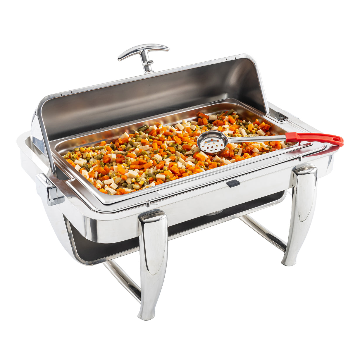 A stainless steel chafing dish filled with mixed cooked vegetables—carrots, peas, corn, and green beans—sits on a white background. The lid is propped open, and a perforated Spoonout with red tongs rests on the tray.