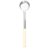 The Spoonout stainless steel skimmer features a round, perforated head and a long, straight handle with a cream-colored grip. Its spoon-like design and evenly spaced holes make draining liquids easy and efficient.