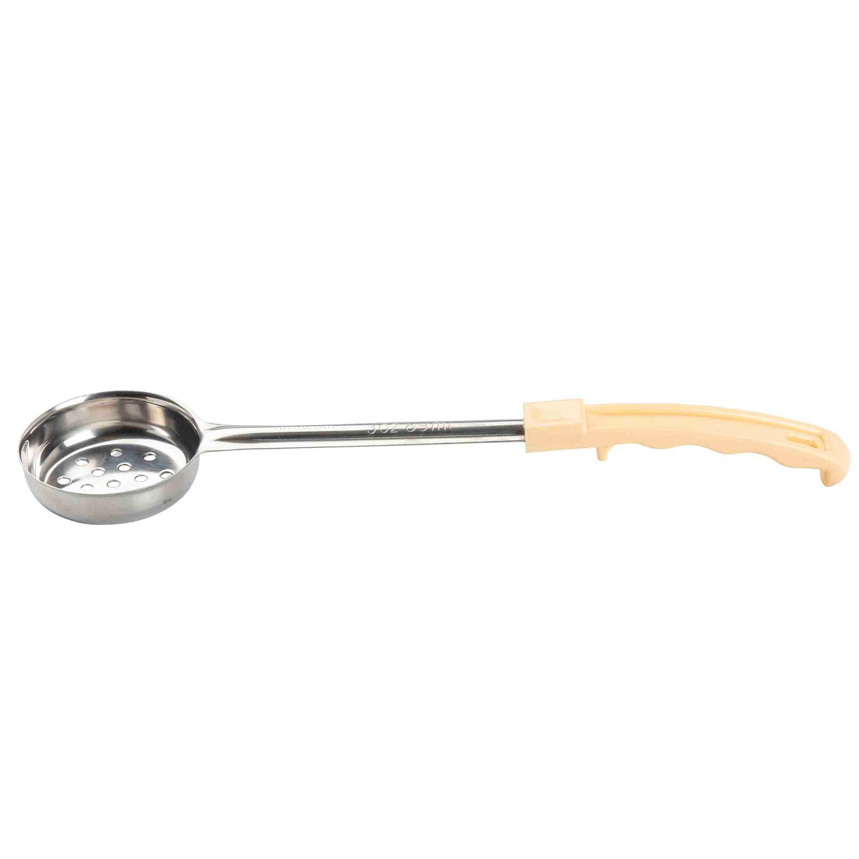 The Spoonout stainless steel skimmer spoon features a round perforated bowl and a long, beige plastic handle with finger grips for comfortable holding—perfect for straining or skimming food from liquids.