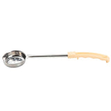 The Spoonout stainless steel skimmer spoon features a round perforated bowl and a long, beige plastic handle with finger grips for comfortable holding—perfect for straining or skimming food from liquids.