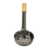 A stainless steel skimmer spoon with a round, shallow, perforated bowl for draining, attached to a long, rectangular beige handle. The Spoonout is ideal for straining or lifting food from liquids. Photo taken on a white background.