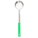 A stainless steel Spoonout skimmer with a round, perforated head and a long handle. The bright green plastic grip features a hole at the end for hanging. The spoon is photographed against a white background.
