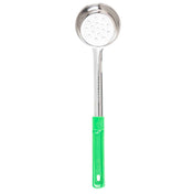 A stainless steel Spoonout skimmer with a round, perforated head and a long handle. The bright green plastic grip features a hole at the end for hanging. The spoon is photographed against a white background.