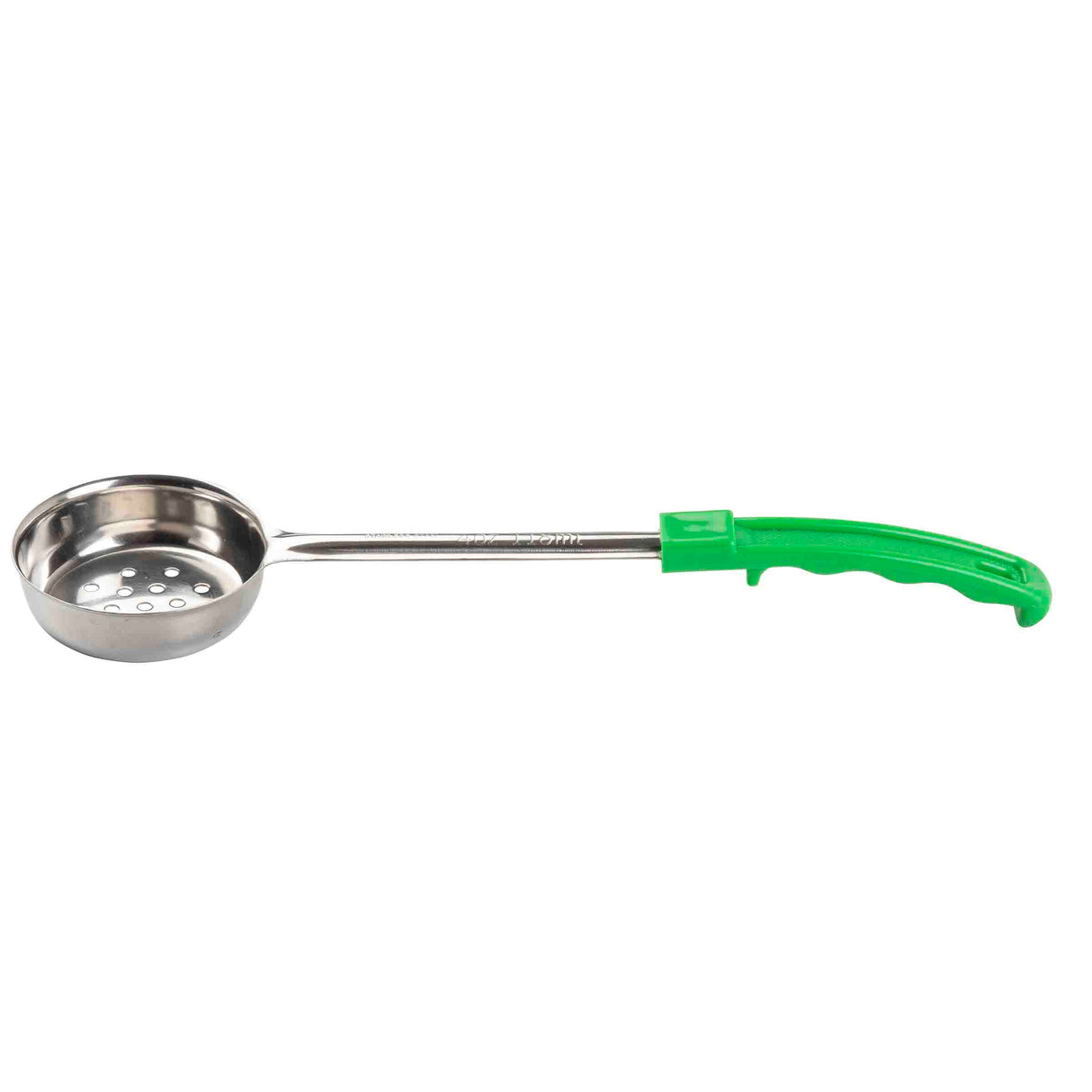 A stainless steel skimmer spoon with a shallow, round, perforated bowl and a long green plastic handle. The ergonomic grip ensures comfort and ease of use in the kitchen, making Spoonout perfect for straining or lifting foods.