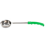 A stainless steel skimmer spoon with a shallow, round, perforated bowl and a long green plastic handle. The ergonomic grip ensures comfort and ease of use in the kitchen, making Spoonout perfect for straining or lifting foods.