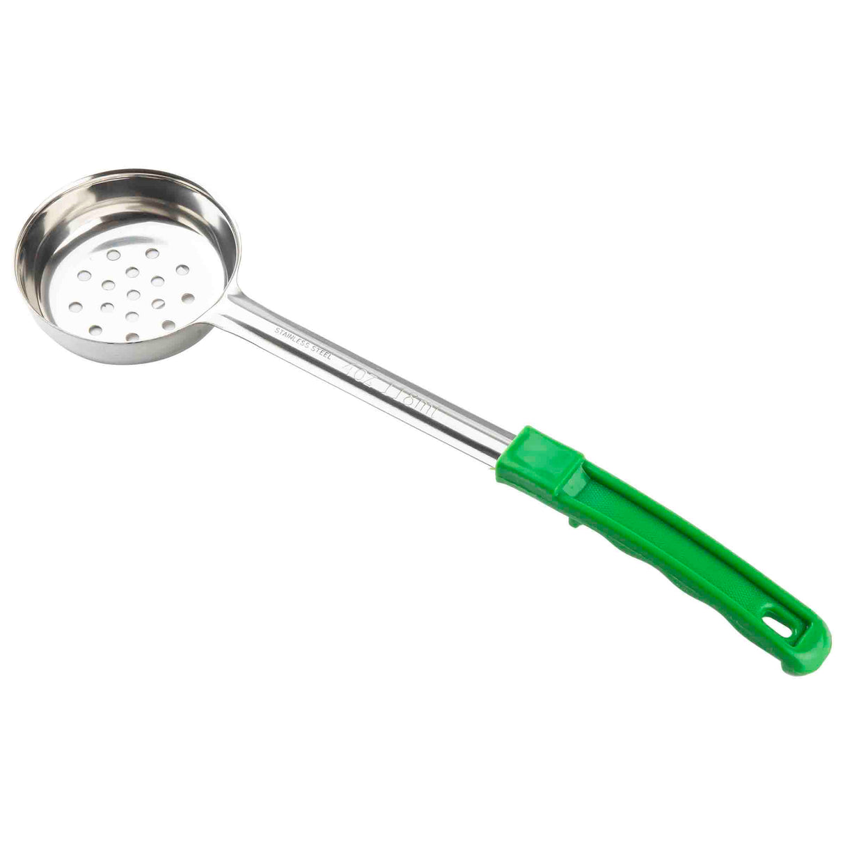 A stainless steel Spoonout skimmer spoon with a round, shallow, perforated bowl and a long handle. The silver handle features a textured bright green plastic grip and a hanging hole. The spoon is set against a white background.