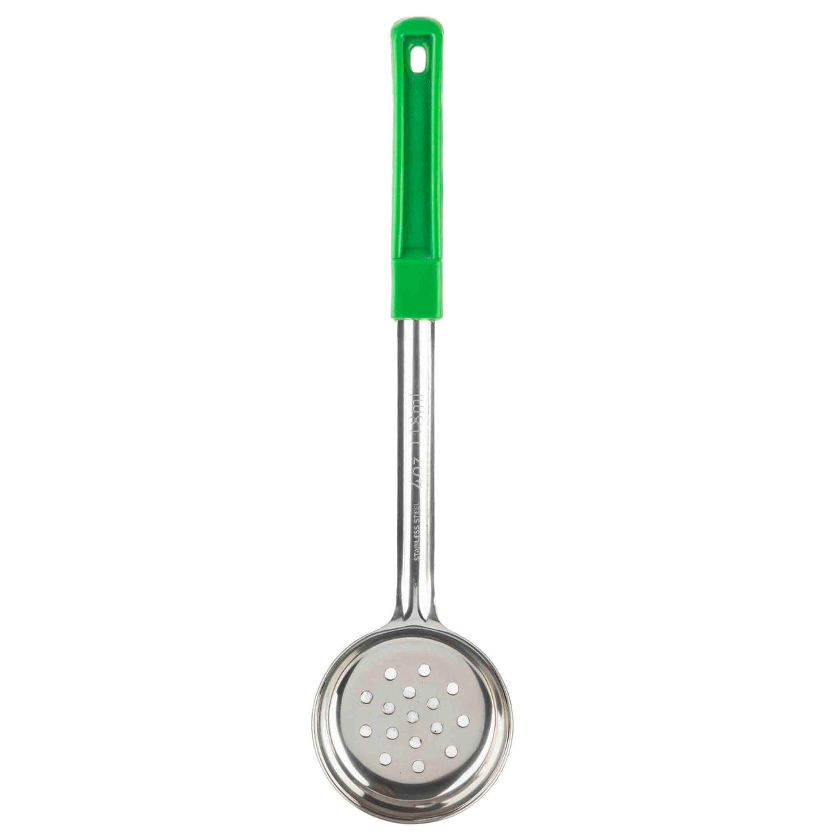 A Spoonout metal skimmer spoon with a round, perforated stainless steel head and a long handle. The bright green plastic grip offers comfort, while a hole at the end allows easy hanging. Perfect for straining or lifting food from hot liquids.