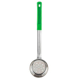 A Spoonout metal skimmer spoon with a round, perforated stainless steel head and a long handle. The bright green plastic grip offers comfort, while a hole at the end allows easy hanging. Perfect for straining or lifting food from hot liquids.