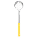 A Spoonout metal skimmer spoon with a round, perforated stainless steel ladle head and a long handle. The lower part of the handle is coated in bright yellow plastic with a hole at the end for hanging. The background is plain white.