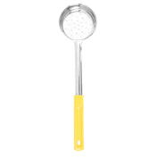 A Spoonout metal skimmer spoon with a round, perforated stainless steel ladle head and a long handle. The lower part of the handle is coated in bright yellow plastic with a hole at the end for hanging. The background is plain white.