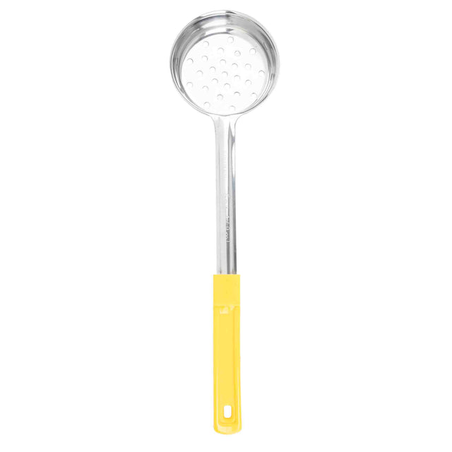 A Spoonout metal skimmer spoon with a round, perforated stainless steel ladle head and a long handle. The lower part of the handle is coated in bright yellow plastic with a hole at the end for hanging. The background is plain white.