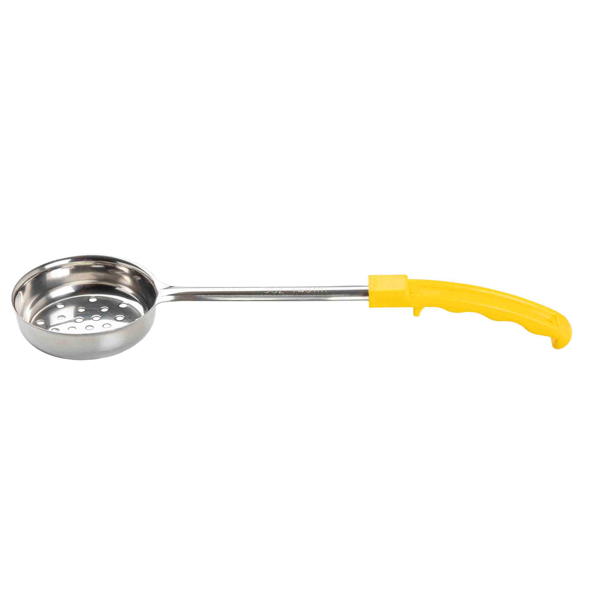 A Spoonout stainless steel oil strainer with a round, perforated bowl and a long, curved yellow handle featuring finger grooves for a secure grip. Perfect for safely removing food from hot oil. The background is plain white.