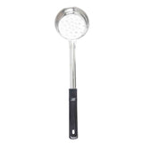 The Spoonout skimmer features a round, perforated stainless steel head and a long handle with a black plastic grip, making it comfortable to hold while straining or lifting food from liquids.