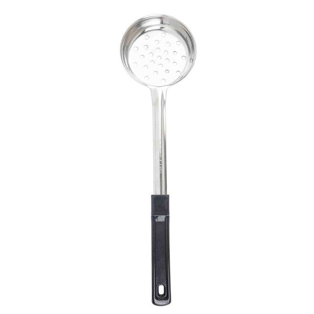 The Spoonout skimmer features a round, perforated stainless steel head and a long handle with a black plastic grip, making it comfortable to hold while straining or lifting food from liquids.