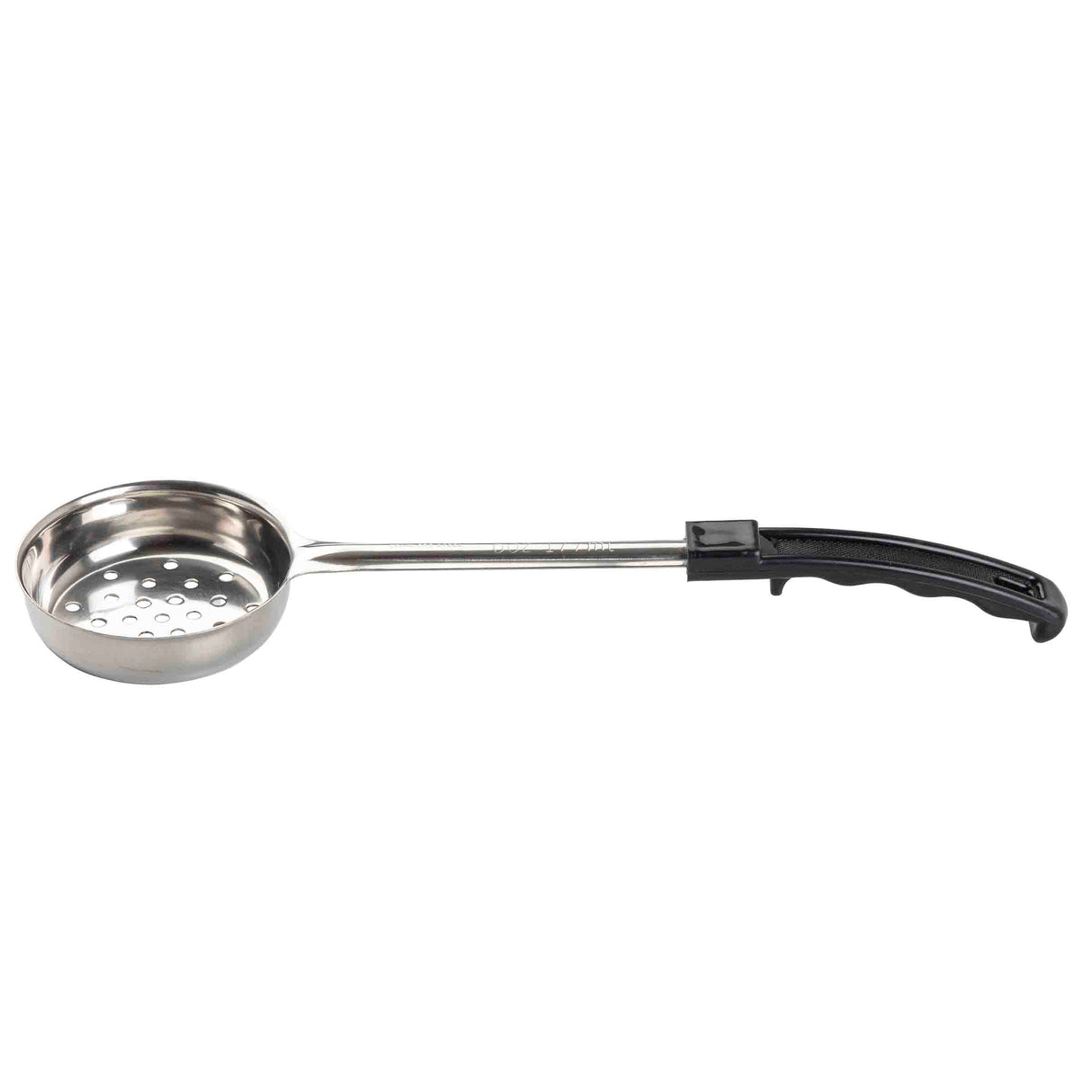 A Spoonout stainless steel skimmer with a round, shallow, perforated bowl and a long black ergonomic handle, designed for removing food from hot liquids. The curved grip handle ensures comfort while the perforated bowl provides efficient drainage.