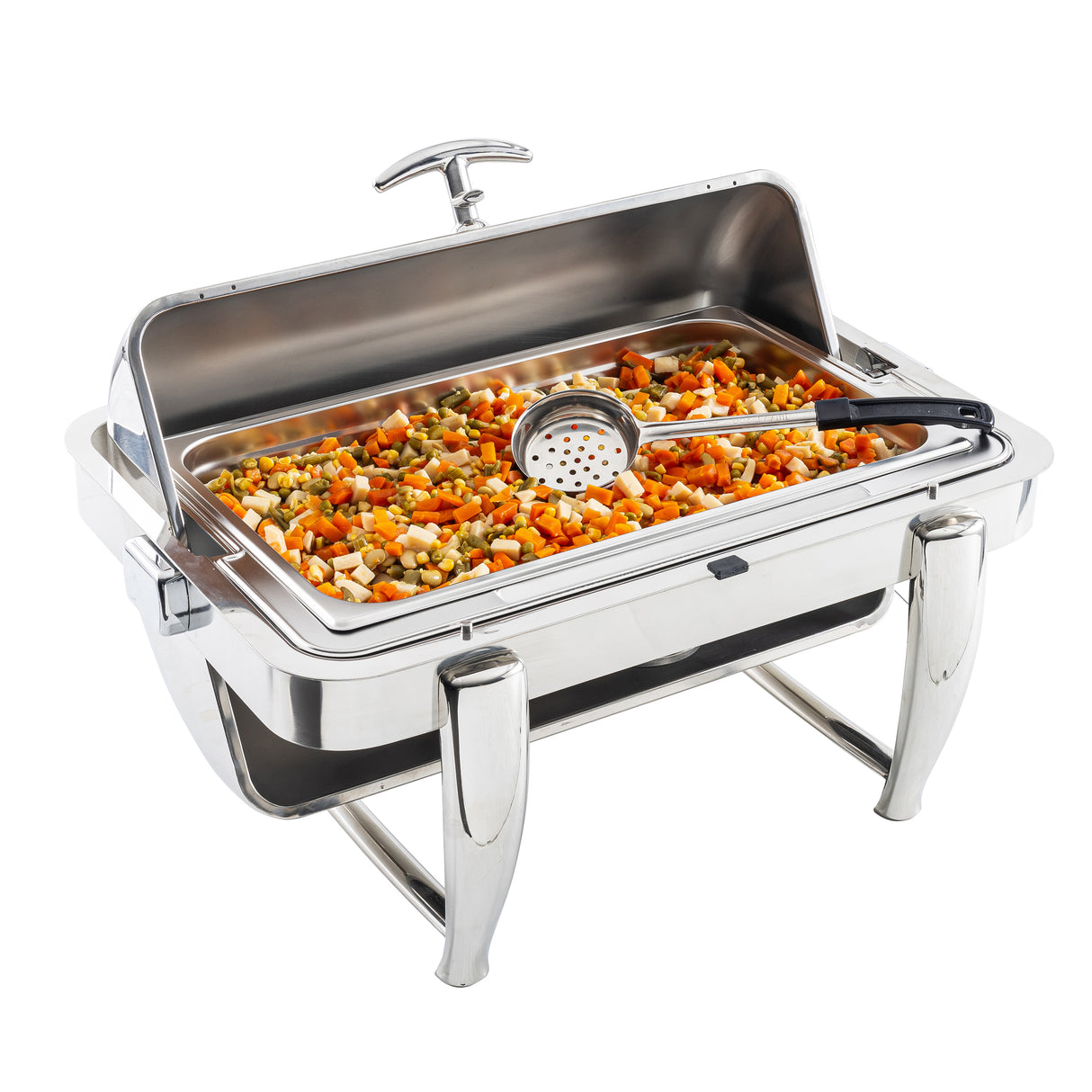A stainless steel chafing dish holds cooked, diced vegetables like carrots, peas, and potatoes. The partially open lid reveals a perforated spoonout resting on top. The sturdy dish is also dishwasher safe for easy cleaning.