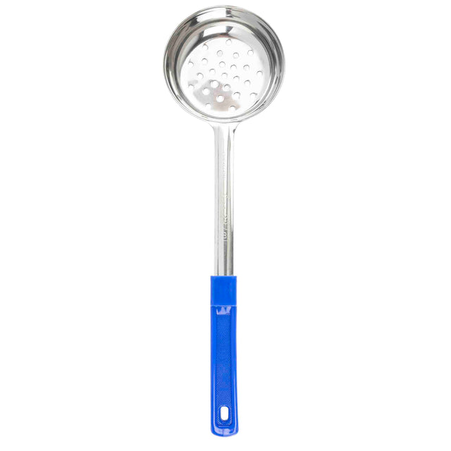 A Spoonout skimmer spoon with a round, perforated stainless steel head and a long handle. The silver handle features a blue plastic grip with a hanging hole. Dishwasher safe, it's perfect for draining or lifting food from liquids.