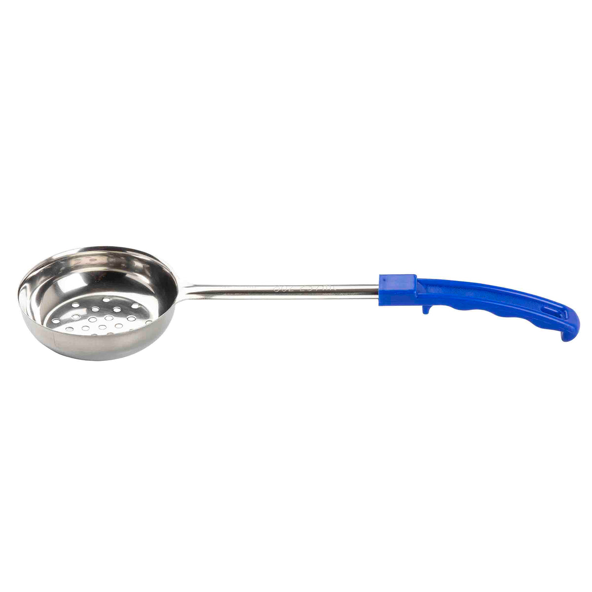A Spoonout metal skimmer spoon with a round, shallow perforated bowl and a long stainless steel handle featuring a curved blue plastic grip, designed for straining or lifting foods. Dishwasher safe. The background is plain white.