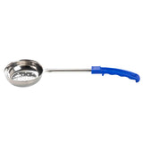 A Spoonout metal skimmer spoon with a round, shallow perforated bowl and a long stainless steel handle featuring a curved blue plastic grip, designed for straining or lifting foods. Dishwasher safe. The background is plain white.