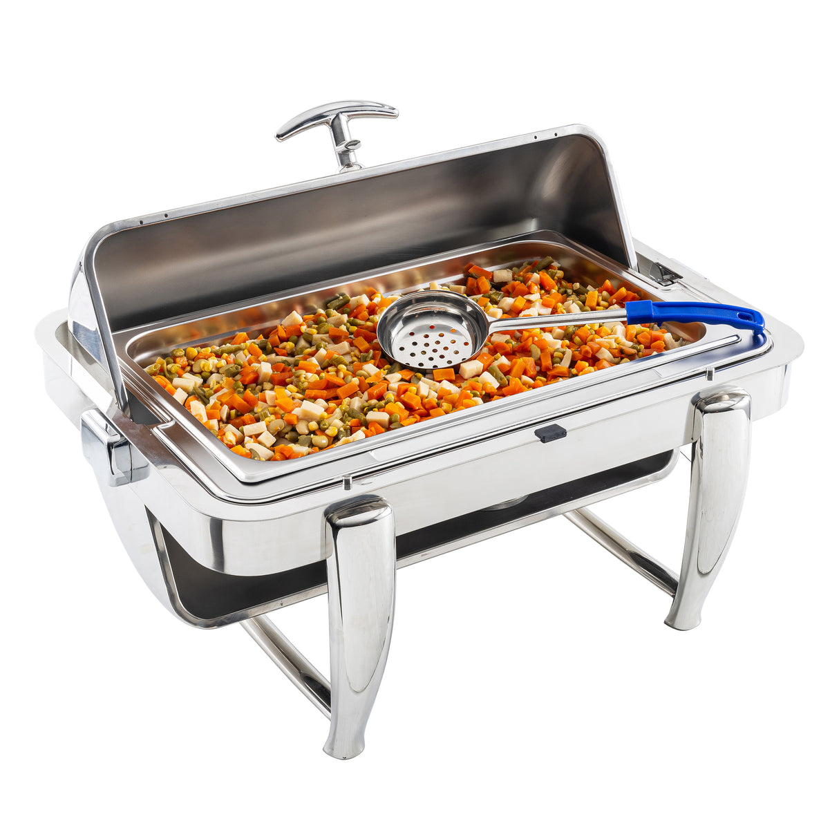A stainless steel chafing dish with an open lid displays a mix of diced carrots, peas, potatoes, and corn. A dishwasher safe metal slotted serving spoon with a blue handle rests inside on top of the vegetables. The chafing dish sits on four sturdy legs.