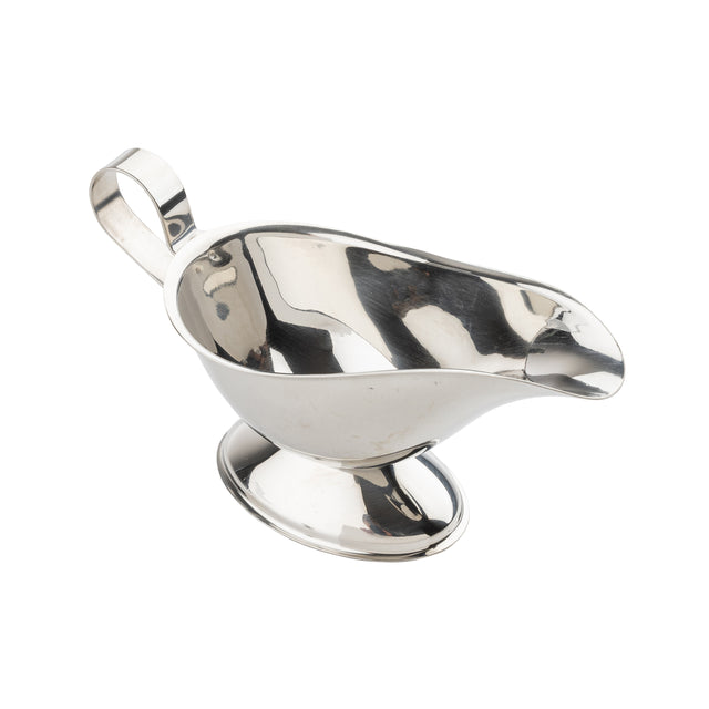 A shiny, reflective stainless steel gravy boat with a curved spout, oval base, and a single looped handle sits empty on a white background. Its smooth, polished surface displays light reflections and is dishwasher safe for easy cleaning.
