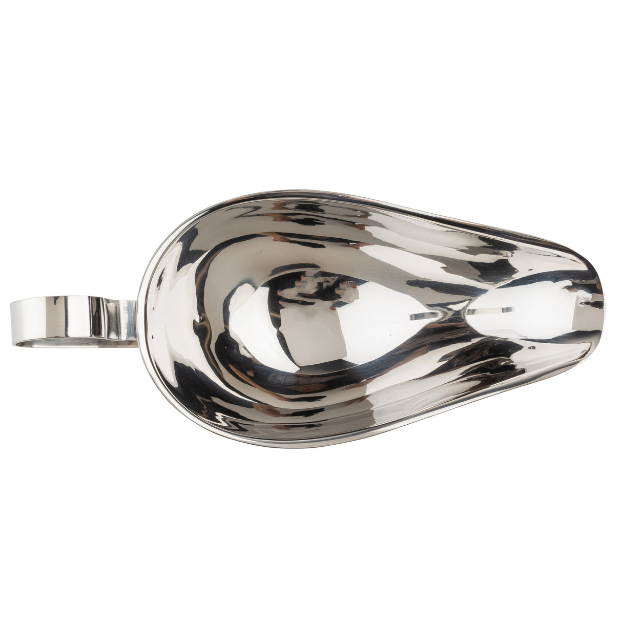 A shiny, stainless steel bedpan with a smooth, oval shape and a curved handle on one end is shown from a top view. The reflective surface displays light distortion and highlights. The object is set against a plain white background.