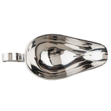 A shiny, stainless steel bedpan with a smooth, oval shape and a curved handle on one end is shown from a top view. The reflective surface displays light distortion and highlights. The object is set against a plain white background.