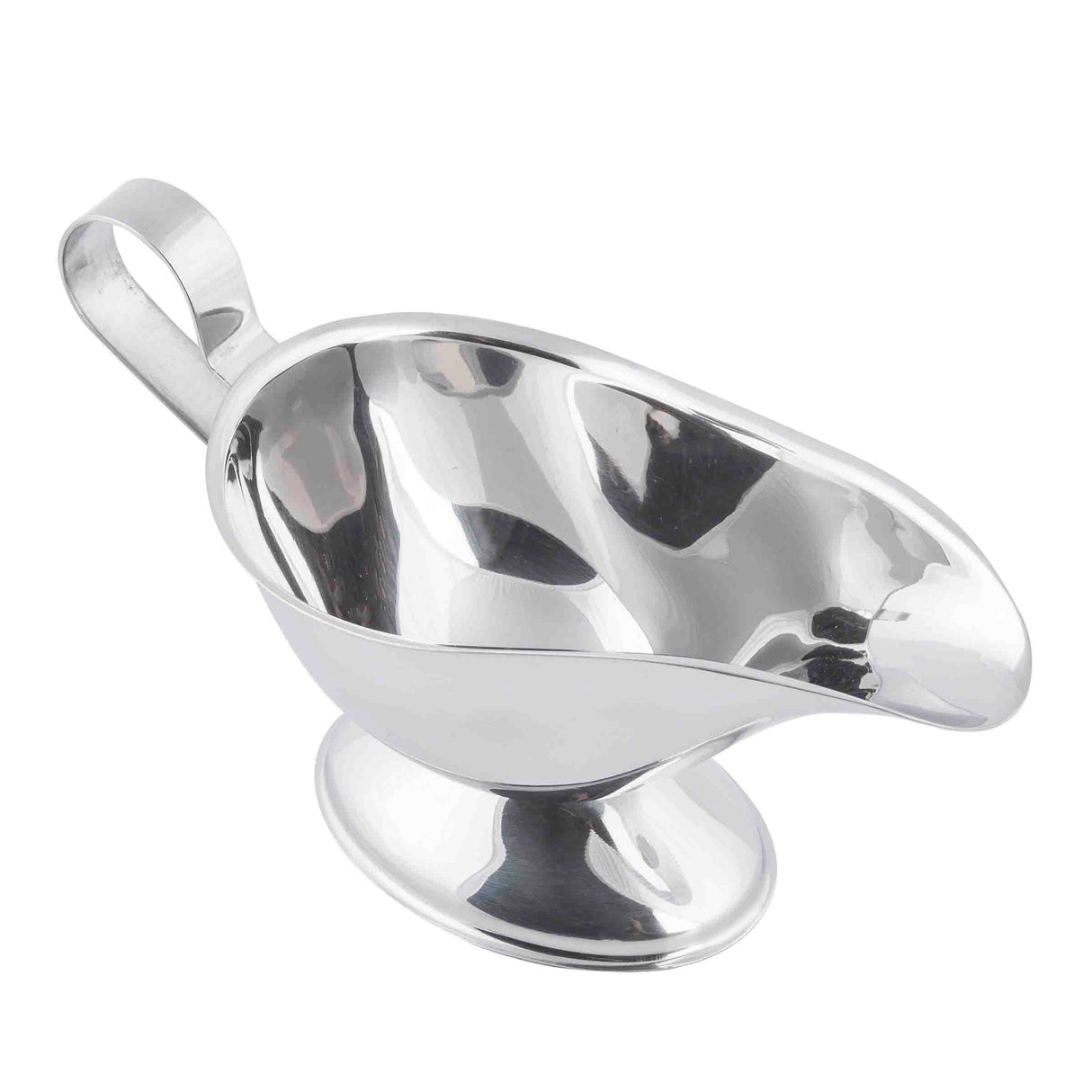 A shiny, empty stainless steel gravy boat with a curved spout, oval body, convenient looped handle, and a wide, sturdy base is photographed on a white background. Dishwasher safe for easy cleanup.