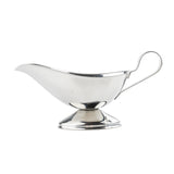 A shiny, silver gravy boat made of 18/8 stainless steel features a curved spout, wide bowl, and looped handle. It stands on a round pedestal base against a plain white background, highlighting its reflective surface and elegant design.