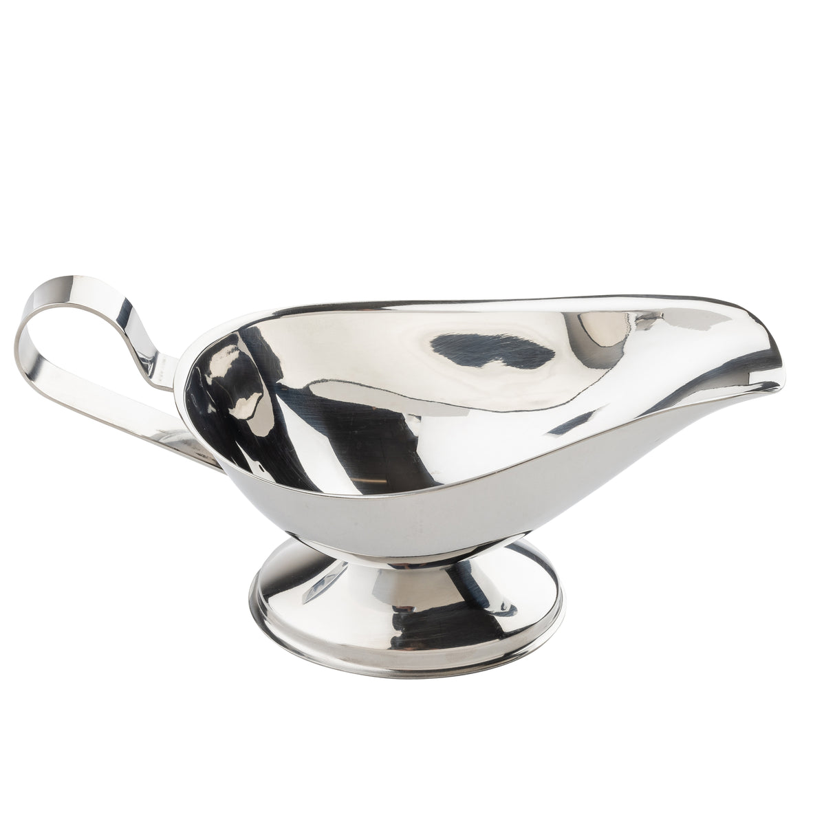 A shiny, reflective 18/8 stainless steel gravy boat with a wide spout, curved body, and sturdy pedestal base. Its smooth, rounded handle ensures easy pouring of sauces or gravies. Dishwasher safe. The background is plain white.