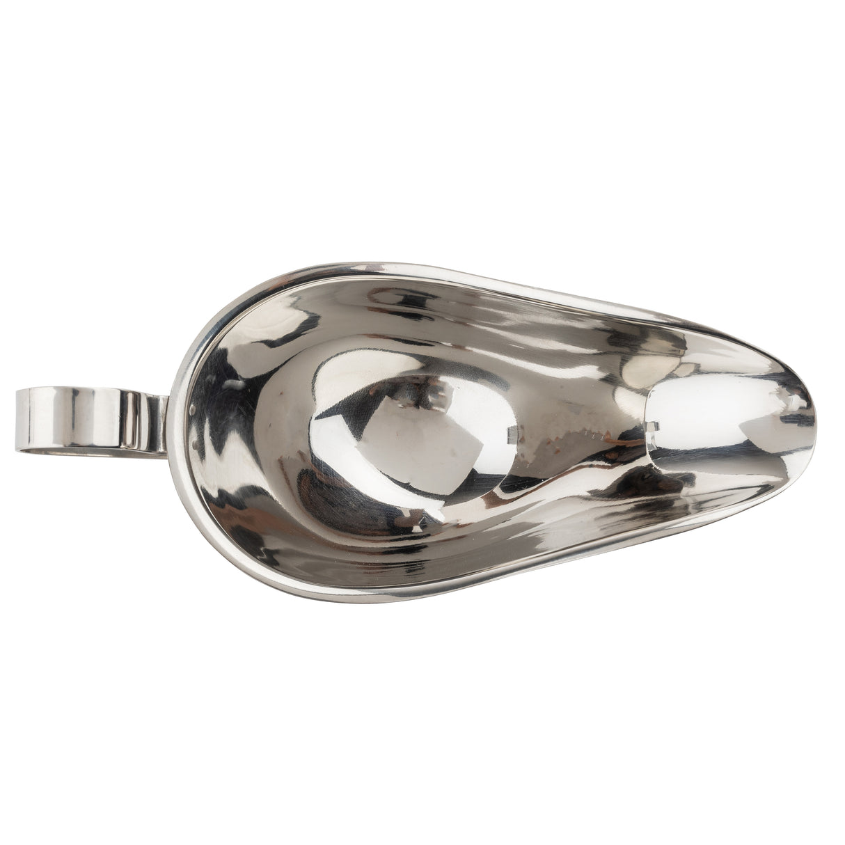 A shiny, 18/8 stainless steel medical urinal with a handle on the left side. The elongated, oval-shaped vessel is designed for bedridden patients. Its smooth, reflective surface resembles a gravy boat and is easy to clean.