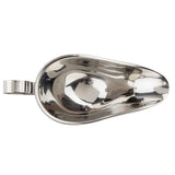 A shiny, 18/8 stainless steel medical urinal with a handle on the left side. The elongated, oval-shaped vessel is designed for bedridden patients. Its smooth, reflective surface resembles a gravy boat and is easy to clean.