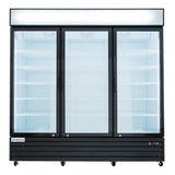 A large glass door cooler with three sections and multiple empty white shelves. Featuring a black frame, blank white display panel on top, wheels at the bottom, and the Empura brand on the lower left—ideal for commercial refrigeration needs.