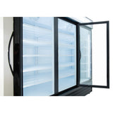 A large glass door cooler with black handles is shown. One door is open, revealing empty, clean white wire shelves inside. The brightly lit interior highlights the spotless look of this commercial refrigeration unit.