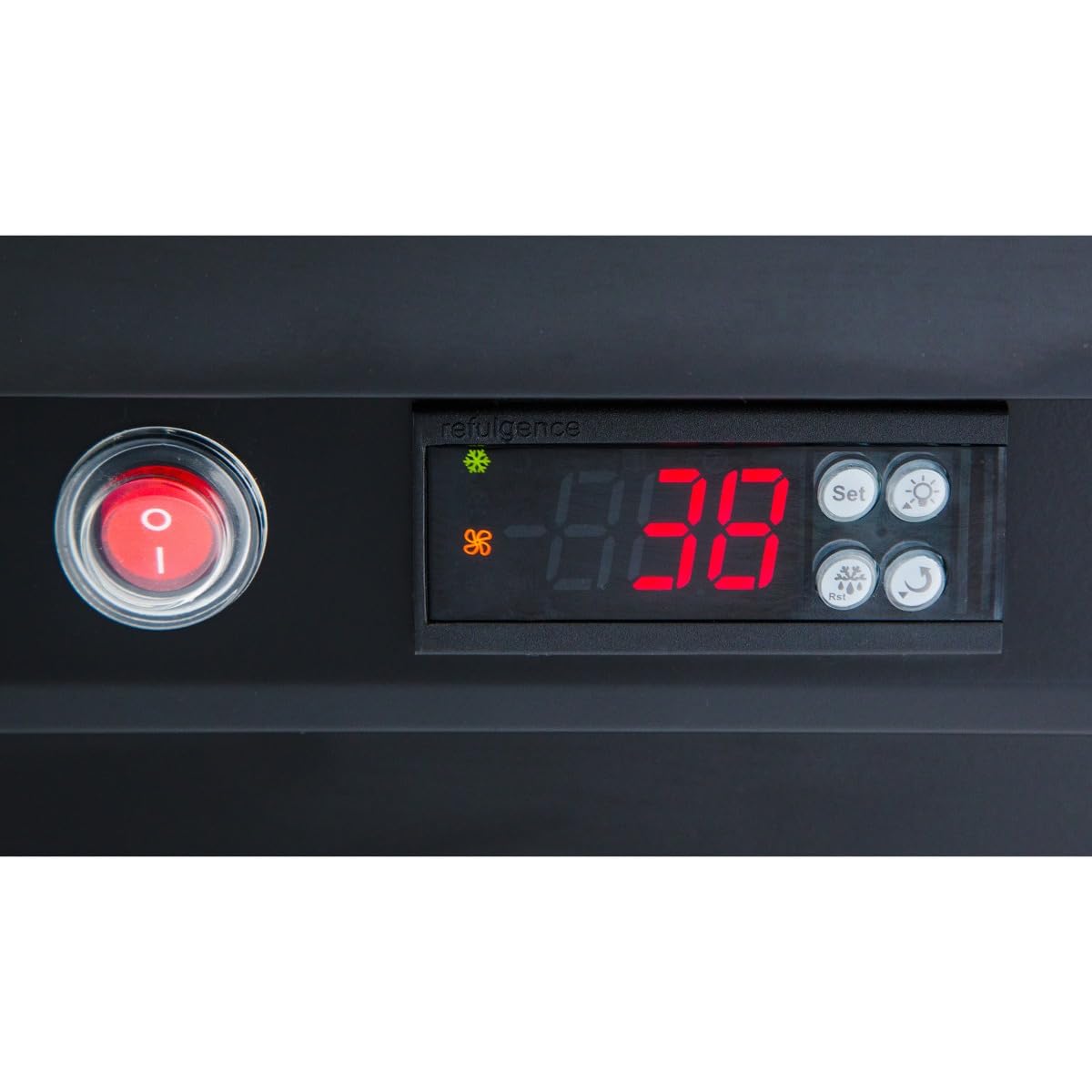 Close-up of a digital control panel on a commercial refrigeration unit with a large red ON/OFF button and a display reading “39.” Several smaller buttons and icons, ideal for operating glass door coolers or refrigerated merchandisers, are on the right.