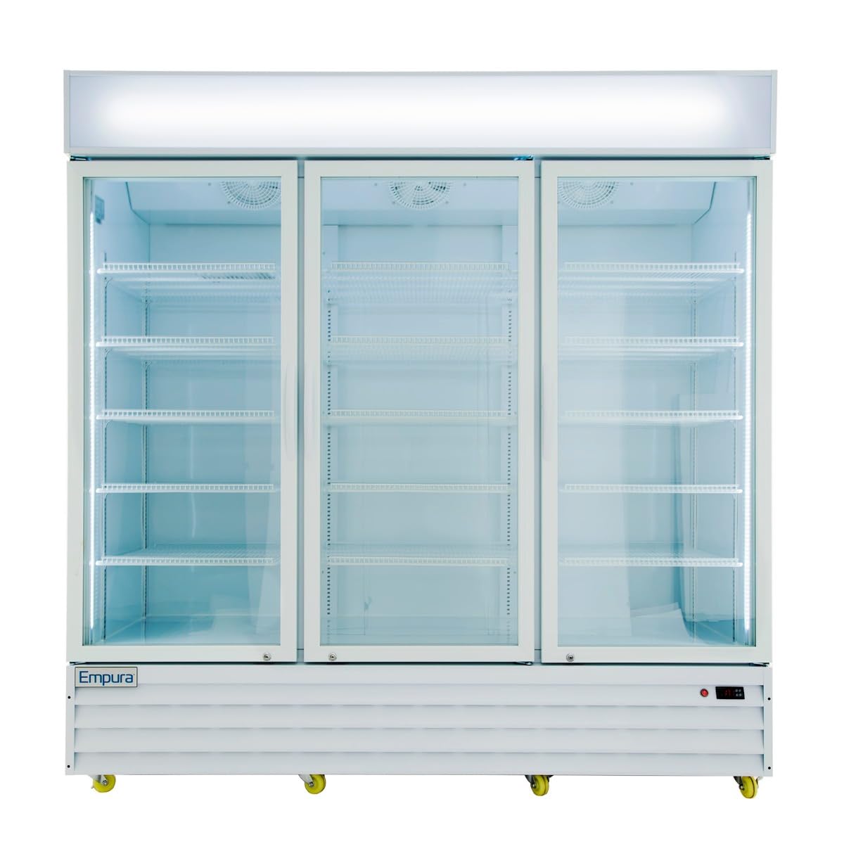 A large Empura commercial refrigerator features three sections with adjustable shelves, clear glass swing doors, and bright interior lighting. This refrigerated merchandiser is empty, white, and perfect for showcasing chilled products.