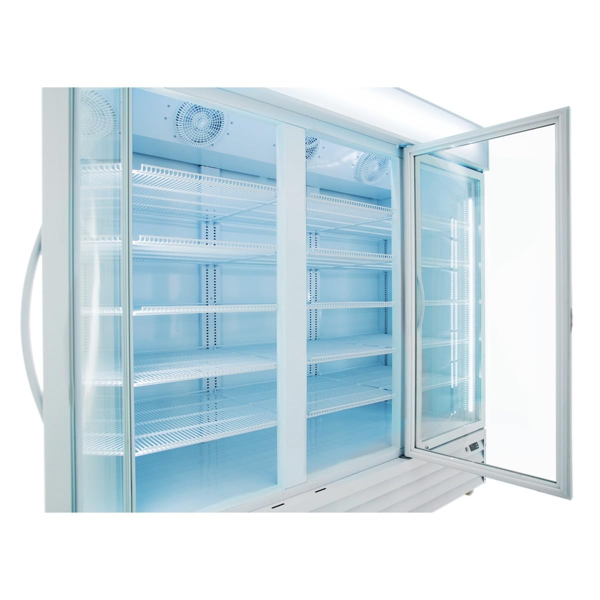 A large refrigerated merchandiser with glass swing doors stands open, revealing empty white wire shelves and bright interior lighting. The clean, modern design feels sterile, with visible fans at the top inside the commercial refrigerator.